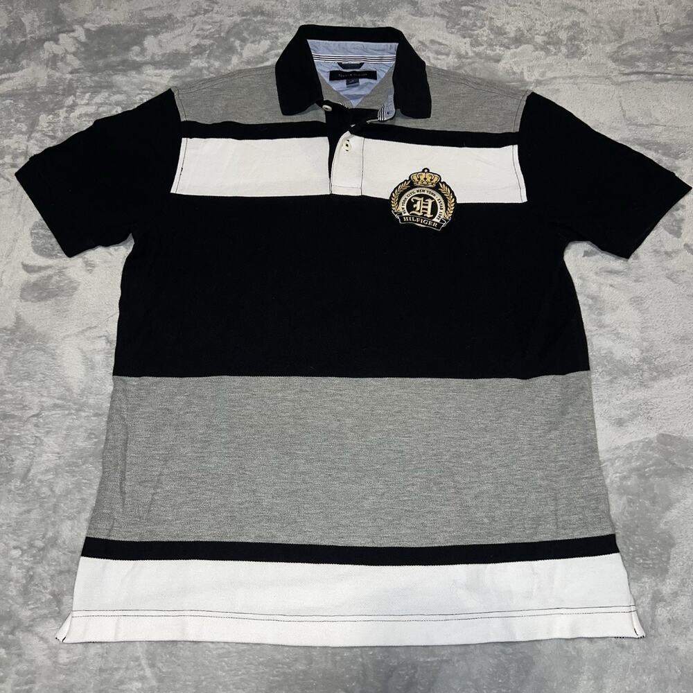 Tommy Hilfiger Polo Shirt Men's M Embroidered New York City Crown Crest Striped